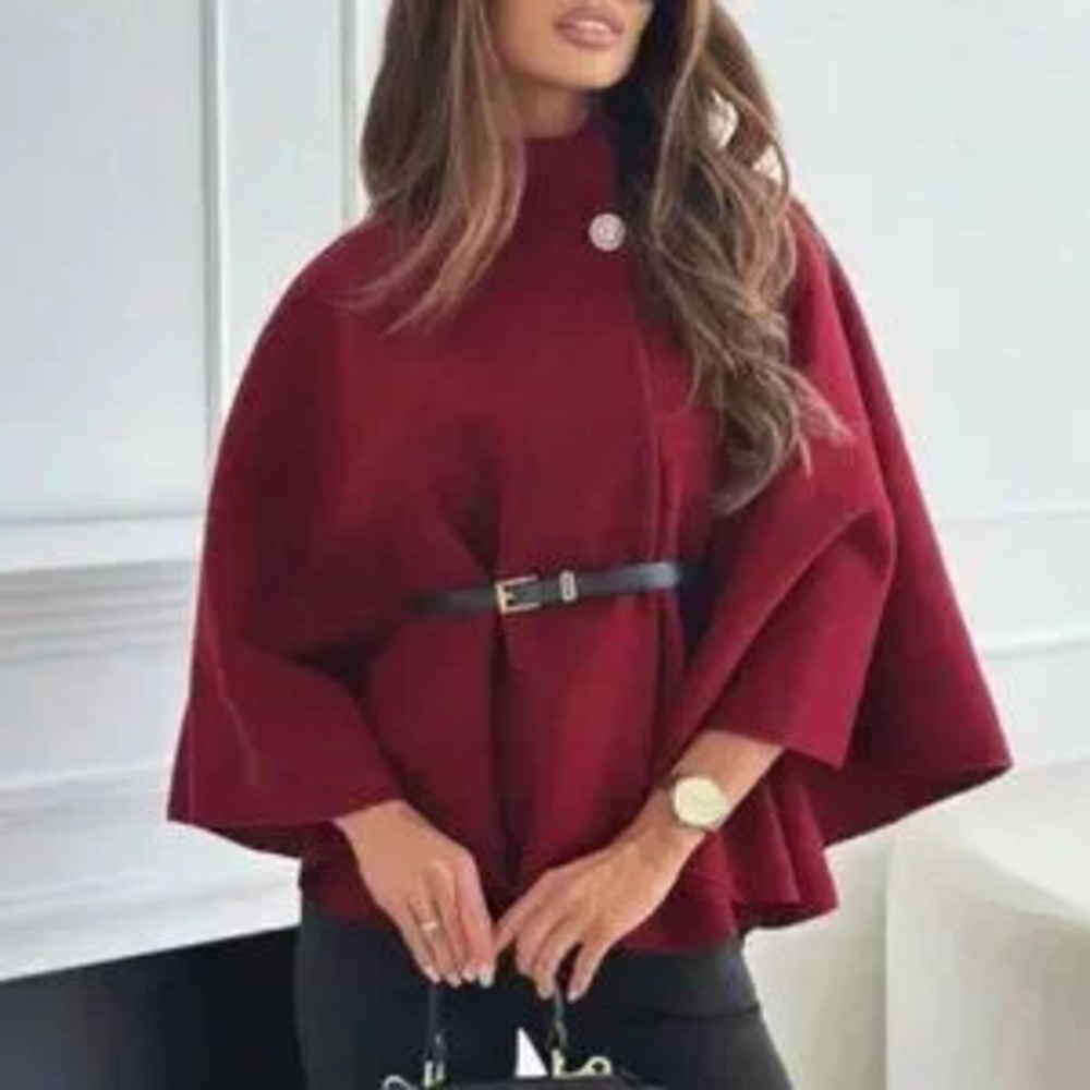 ZARA Burgundy Casual Women's Elegant Stand Collar belted Poncho Coat